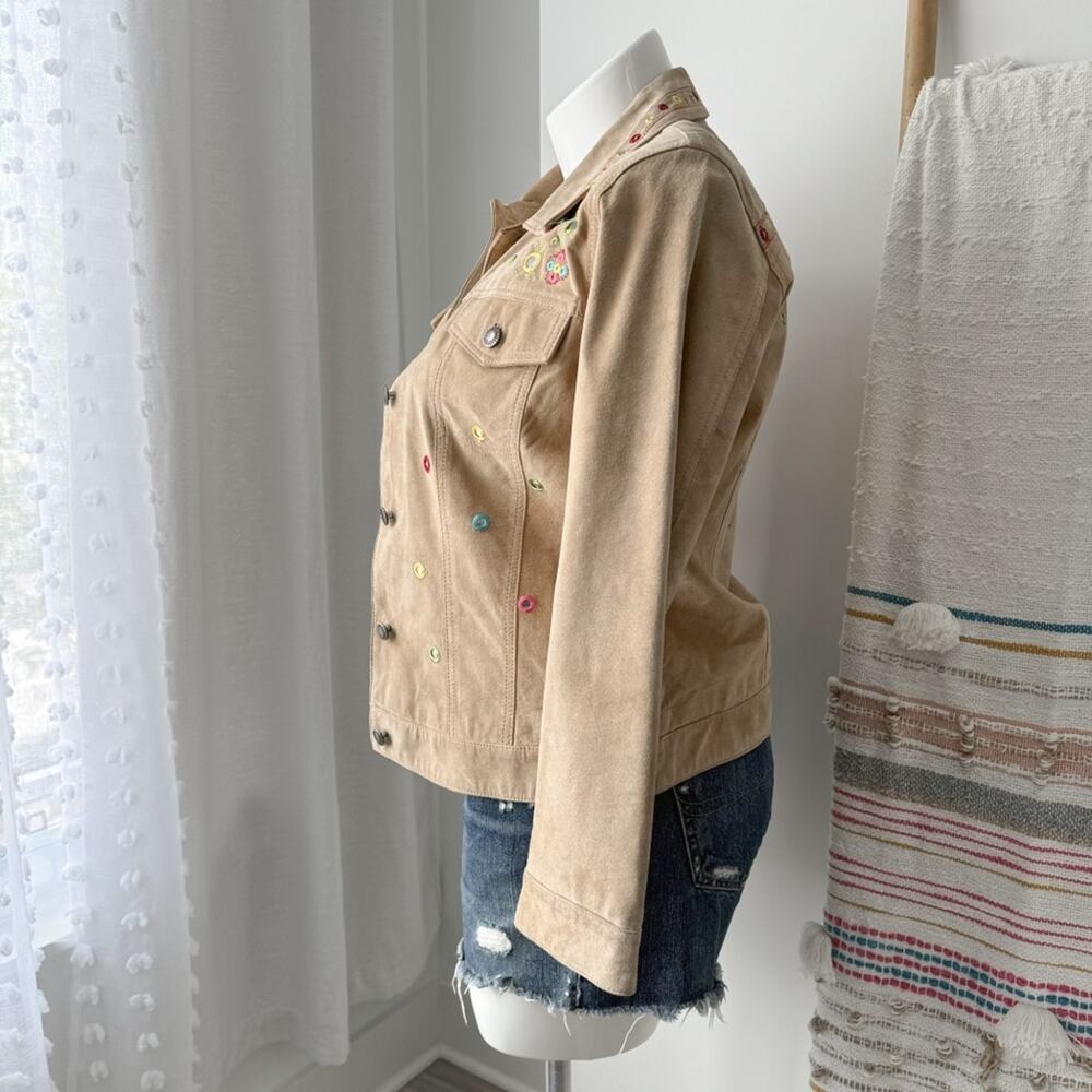 Chico’s Tan 100% Genuine Leather Embellished Embroidered Boho Jacket Women’s M - Picture 3 of 8
